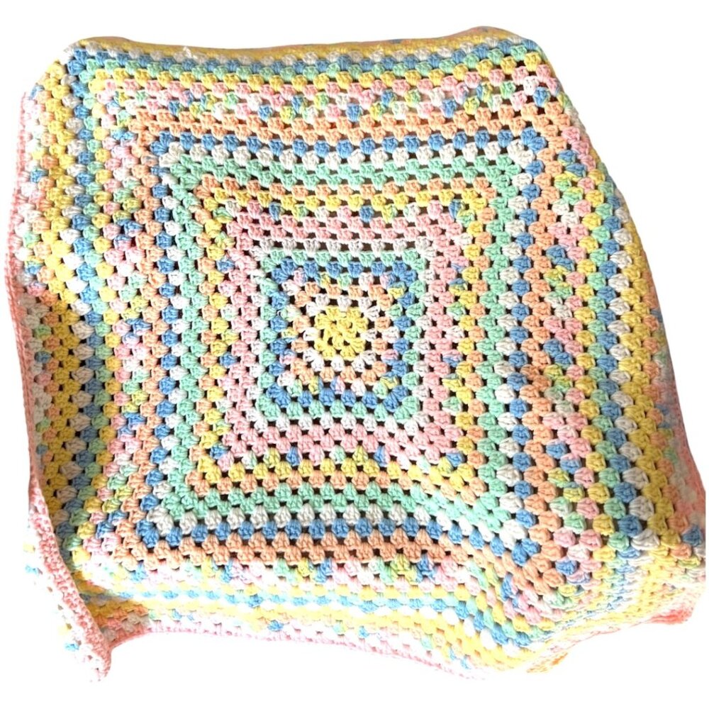 Handmade Pastel Rainbow Crocheted Baby Blanket / Lap Throw – 31"x33" - Picture 1 of 10